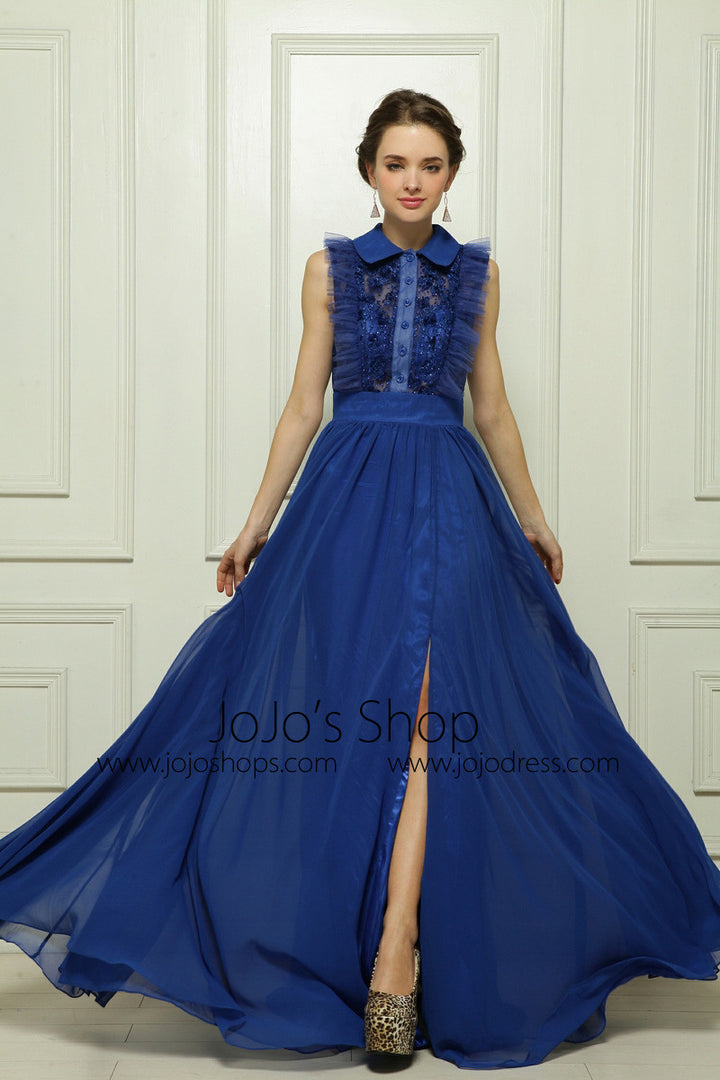 Blue Sleeveless Formal Evening Dress with Side Slit and Collar