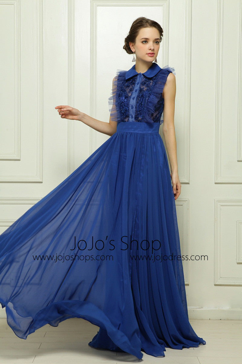 Blue Sleeveless Formal Evening Dress with Side Slit and Collar