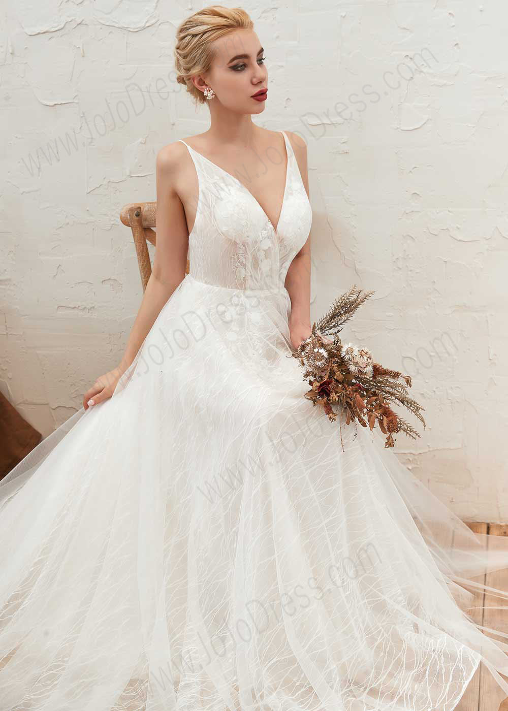 V Neck A-line Lace Dress