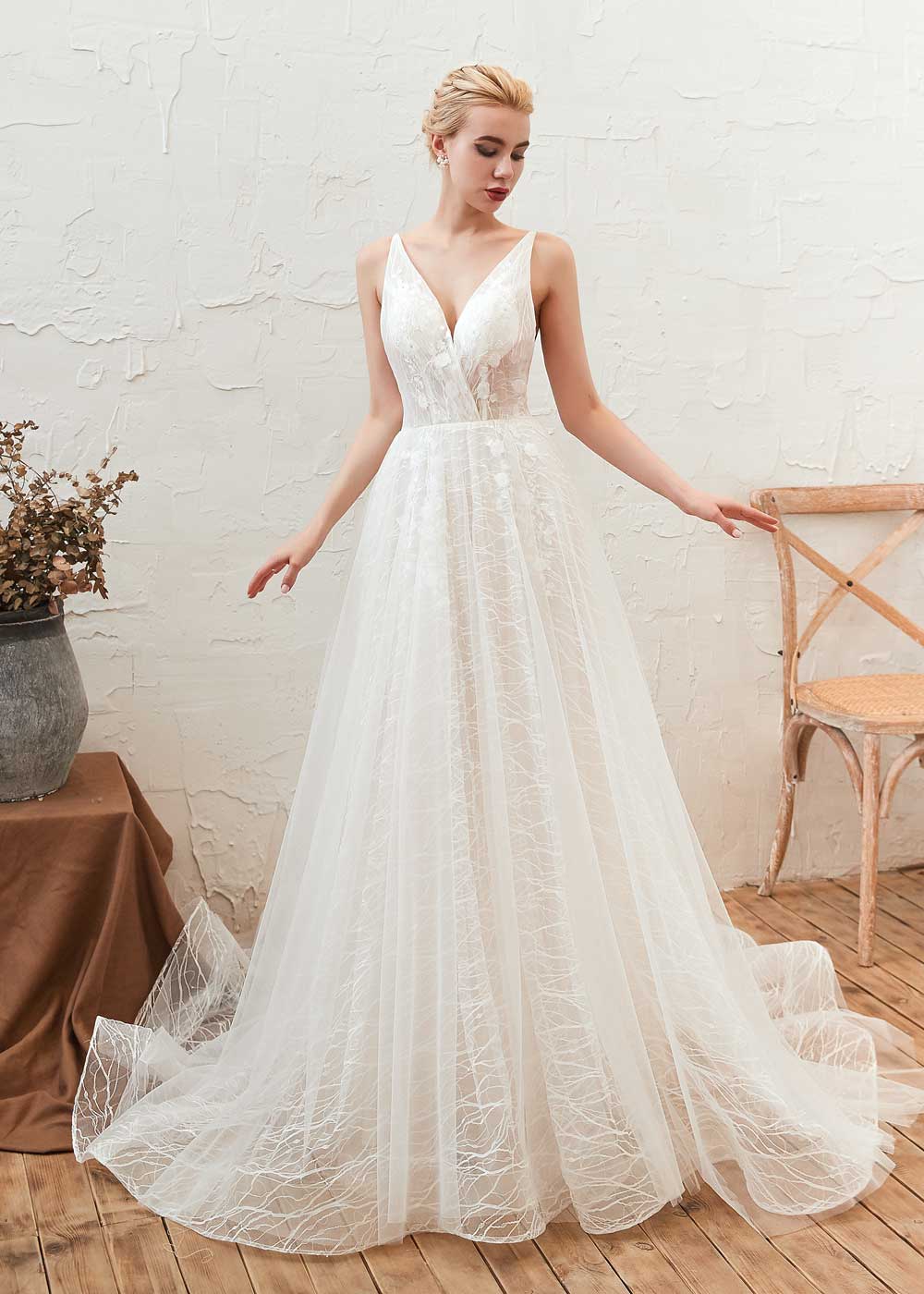 V Neck A-line Lace Dress