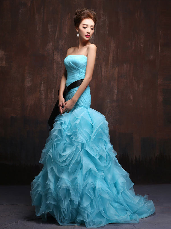 Strapless Aqua Blue Sexy Fit and Flare Prom Dress Formal Evening Gown with Organza Ruffles X022