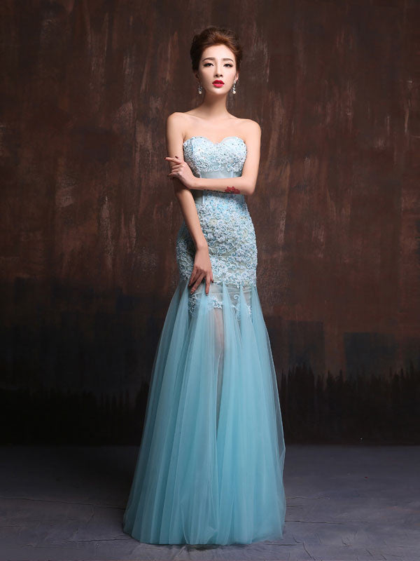 Strapless Sexy Aqua Blue Fitted Lace Prom Dress Formal Evening Gown X017
