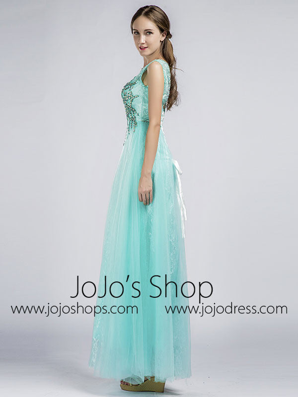 Aqua Long Beaded Prom Formal Evening Dress