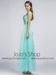 Aqua Long Beaded Prom Formal Evening Dress