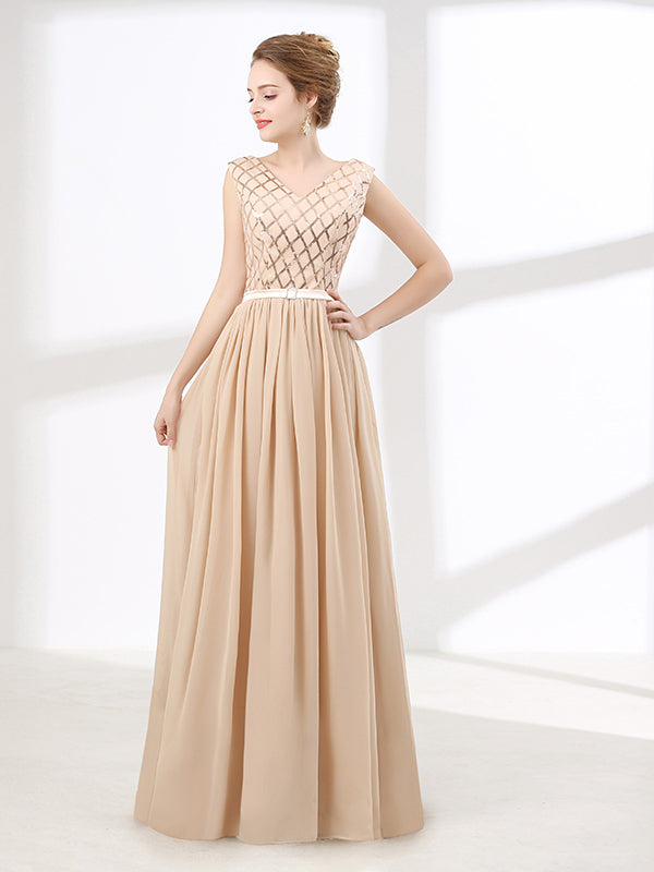 Champagne Chiffon Long Formal Prom Evening Dress with V Neck