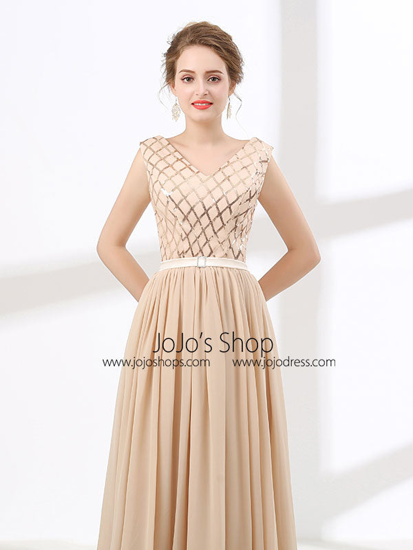 Champagne Chiffon Long Formal Prom Evening Dress with V Neck
