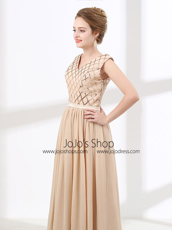 Champagne Chiffon Long Formal Prom Evening Dress with V Neck