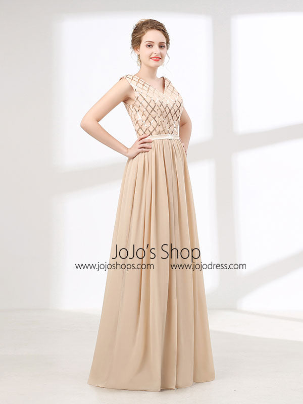 Champagne Chiffon Long Formal Prom Evening Dress with V Neck