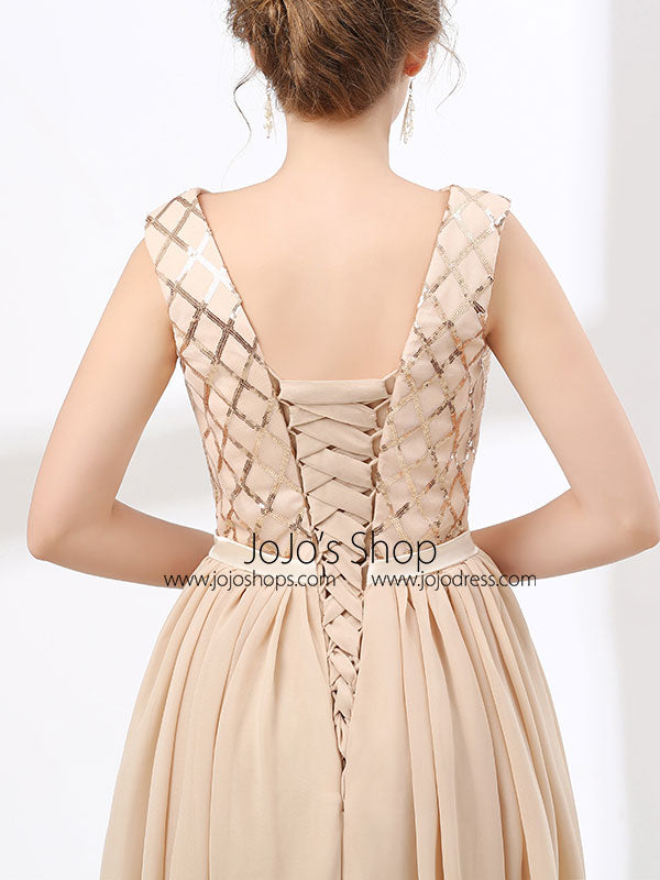 Champagne Chiffon Long Formal Prom Evening Dress with V Neck