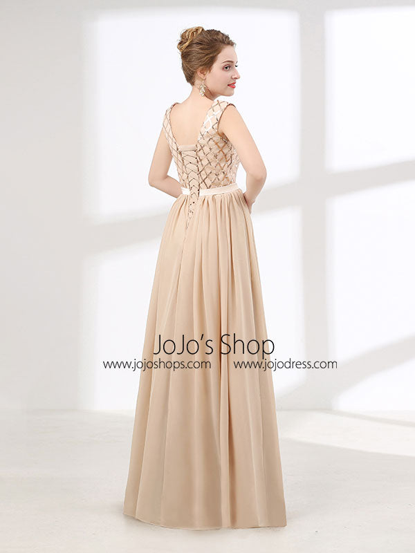 Champagne Chiffon Long Formal Prom Evening Dress with V Neck