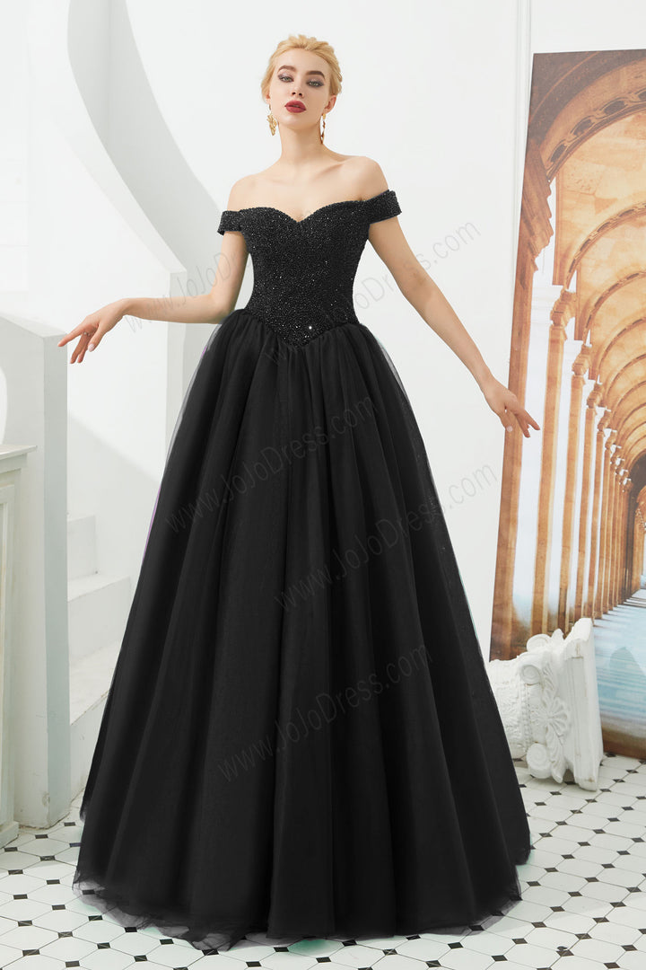 Black ball gown formal evening dress with off shoulder neckline