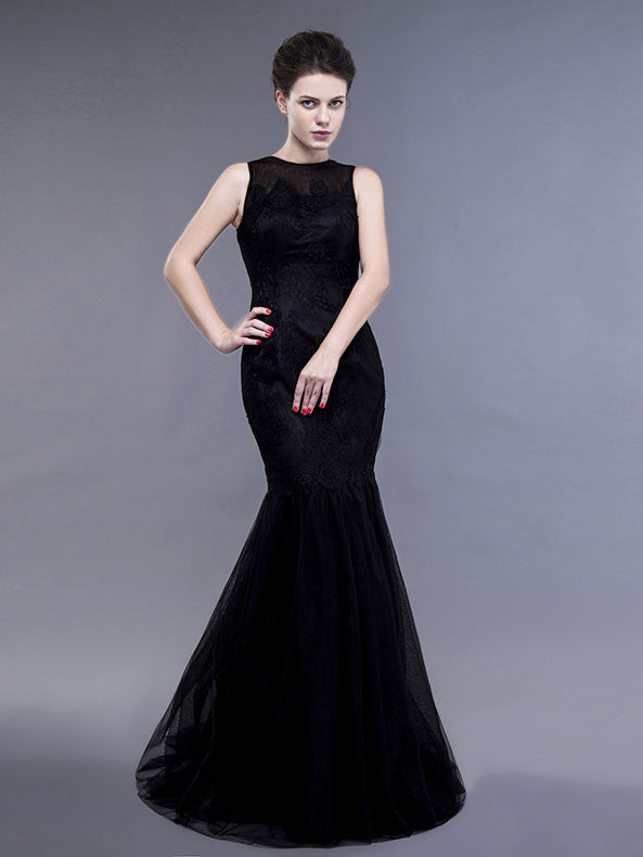 Black Lace Fit and Flare Evening Dress