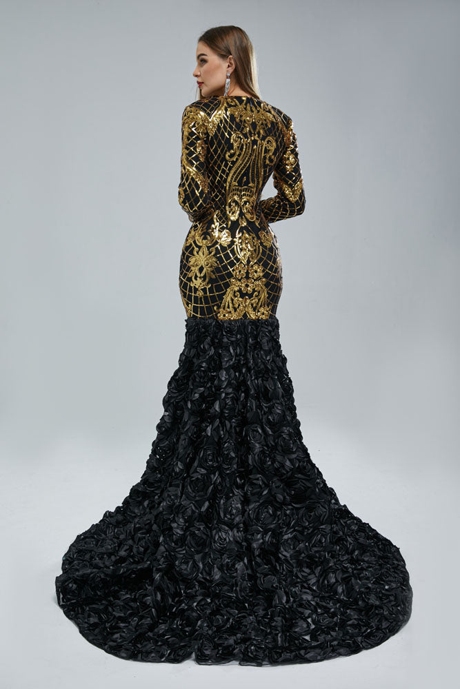 Fitted Maxi Black and Gold Formal Prom Evening Dress EN5402 Size 16 / Black