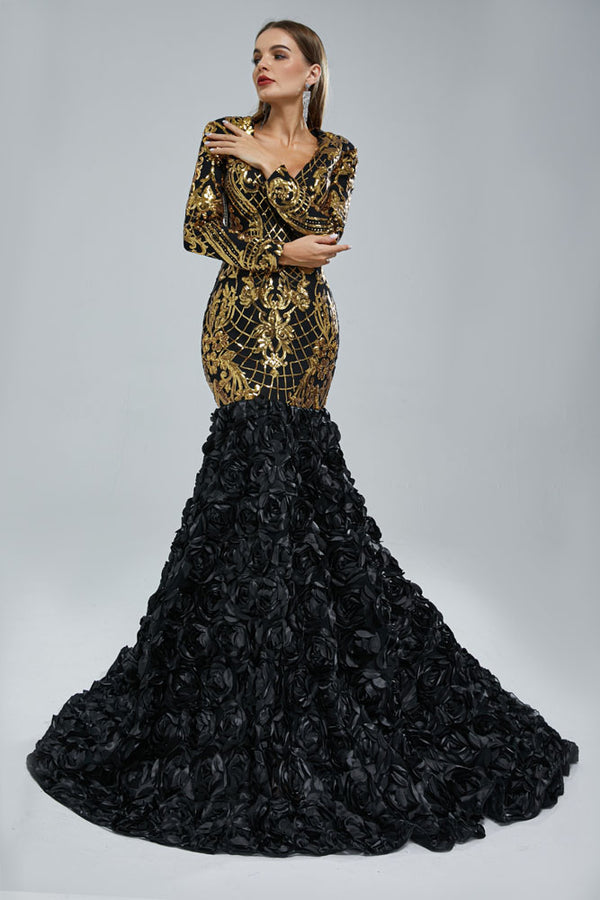 Fitted Maxi Black and Gold Formal Prom Evening Dress EN5402