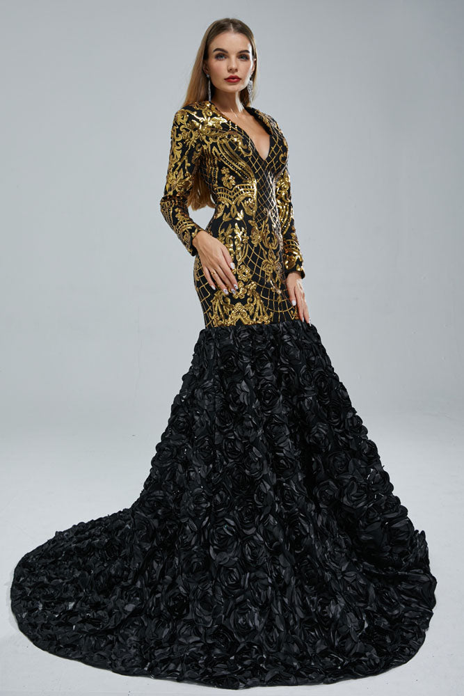 Fitted Maxi Black and Gold Formal Prom Evening Dress EN5402