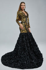 Fitted Maxi Black and Gold Formal Prom Evening Dress EN5402