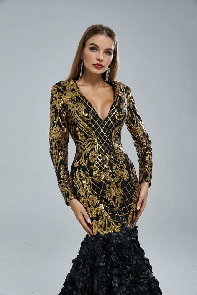 Luxury Black V-Neck Mermaid Evening Gown with 3D Lace, Sequins, and Long Sleeves for Women - Perfect for Special Occasions, 16 Luxury Black V-Neck Mermaid Evening Gown with 3D Lace, Sequins, and Long Sleeves for Women - Perfect for Special Occasions, 16