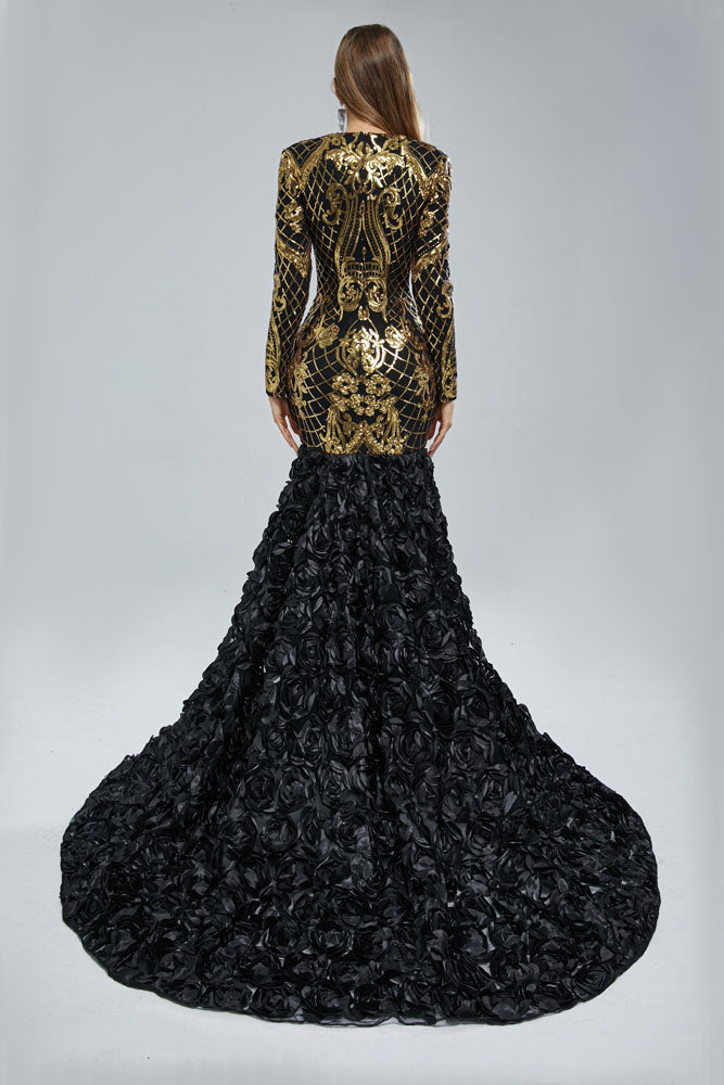 Luxury Black V-Neck Mermaid Evening Gown with 3D Lace, Sequins, and Long Sleeves for Women - Perfect for Special Occasions, 16 Luxury Black V-Neck Mermaid Evening Gown with 3D Lace, Sequins, and Long Sleeves for Women - Perfect for Special Occasions, 16