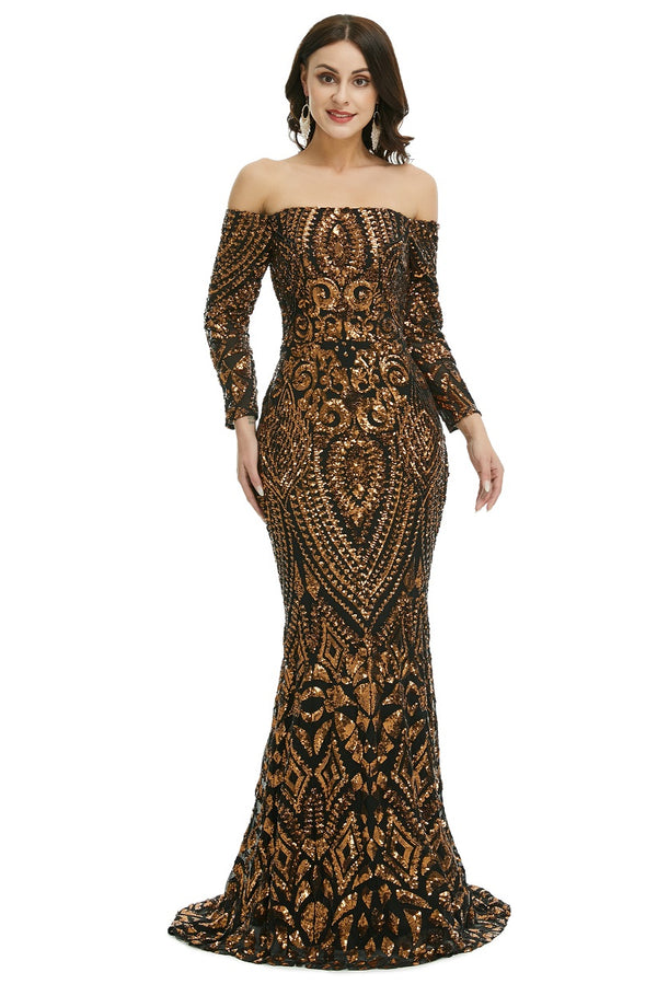 Black Gold Off the Shoulder Maxi Fitted Gala Formal Evening Dress EN5009