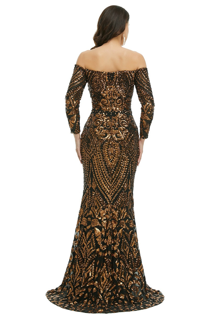 Black Gold Off the Shoulder Maxi Fitted Gala Formal Evening Dress EN5009