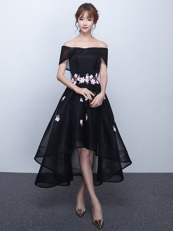 Black Cherry Blossom Off Shoulder Hi-Low Formal Evening Dress