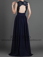 Black Lace Formal Prom Evening Dress with Keyhole Back