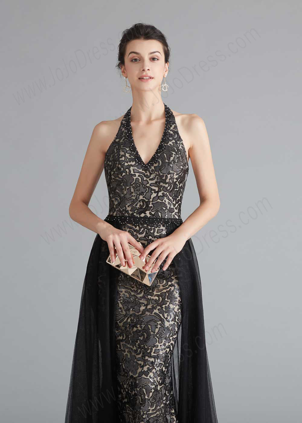 fitted lace wedding dress Sequined Long Black Halter Dress by Cinderella Divine 62495 fitted lace wedding dress Sequined Long Black Halter Dress by Cinderella Divine 62495