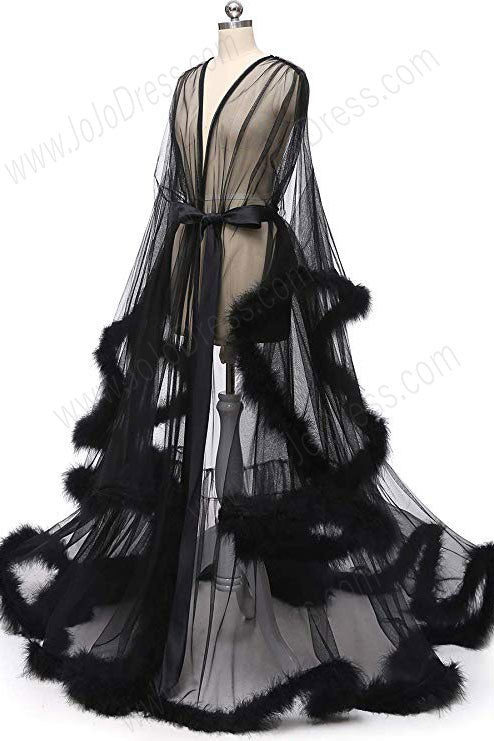 Black Long Marabou Fur Edge Robe RB1331