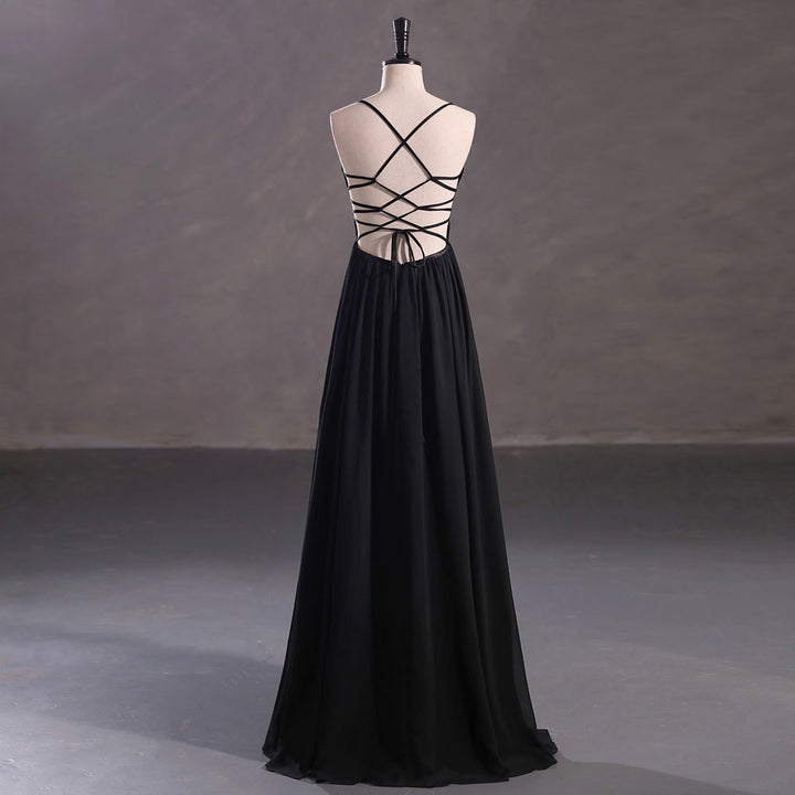 Long Black Chiffon Formal Prom Dress with Side Slit EN5404