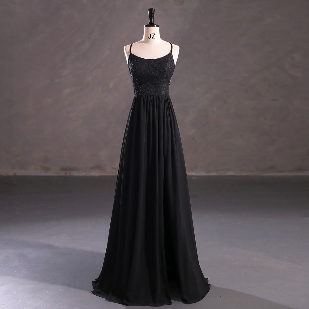 Long Black Chiffon Formal Prom Dress with Side Slit EN5404