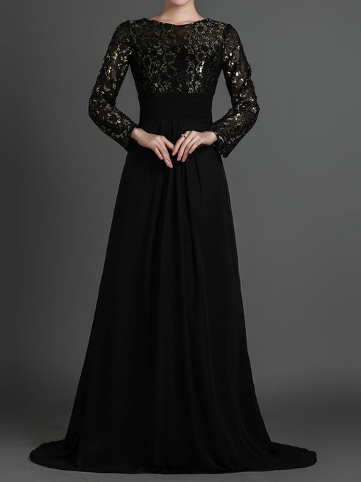 Black Modest Long Sleeves Formal Prom Evening Dress