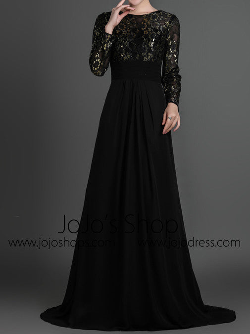 Black Modest Long Sleeves Formal Prom Evening Dress