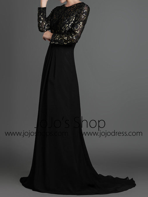 Black Modest Long Sleeves Formal Prom Evening Dress