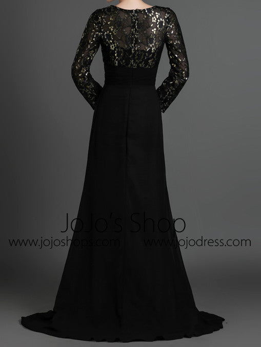 Black Modest Long Sleeves Formal Prom Evening Dress