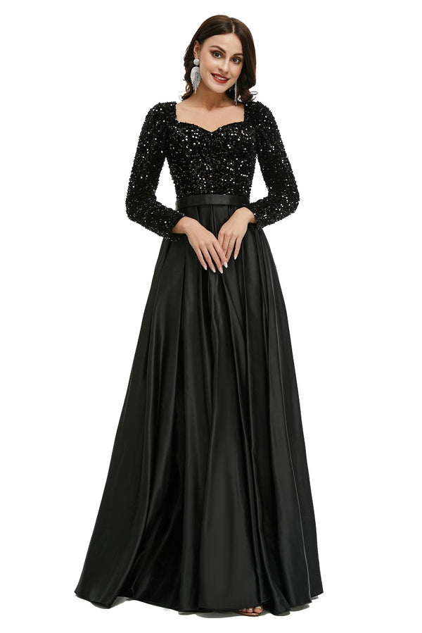 Modest Black Sparkly Maxi Formal Evening Dress with Sleeves EN5005