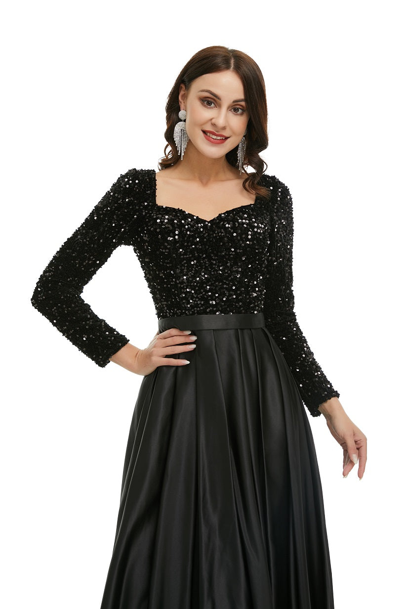 Modest Black Sparkly Maxi Formal Evening Dress with Sleeves EN5005