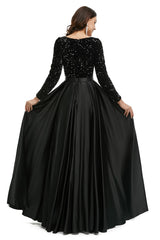 Modest Black Sparkly Maxi Formal Evening Dress with Sleeves EN5005