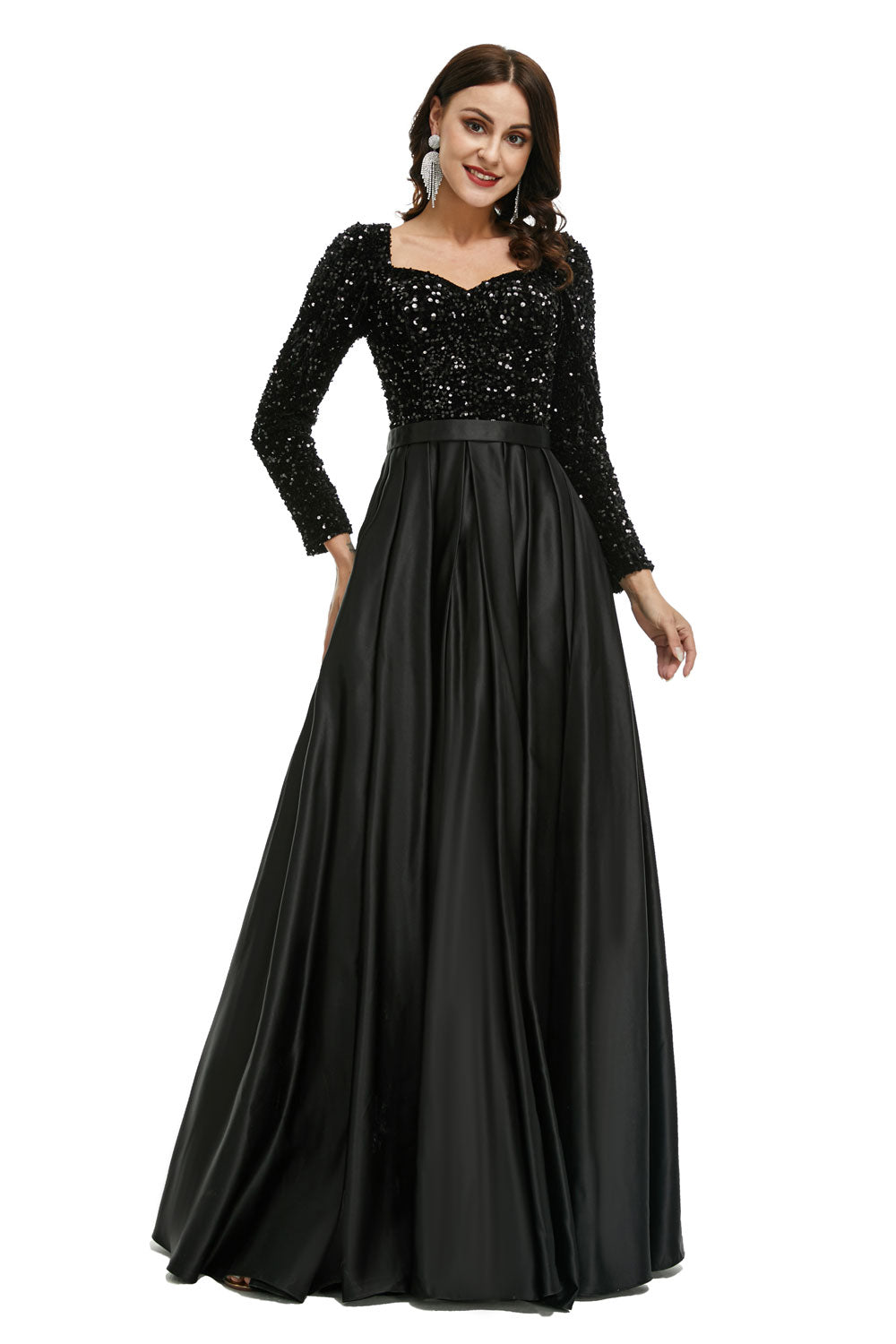 Modest Black Sparkly Maxi Formal Evening Dress with Sleeves EN5005