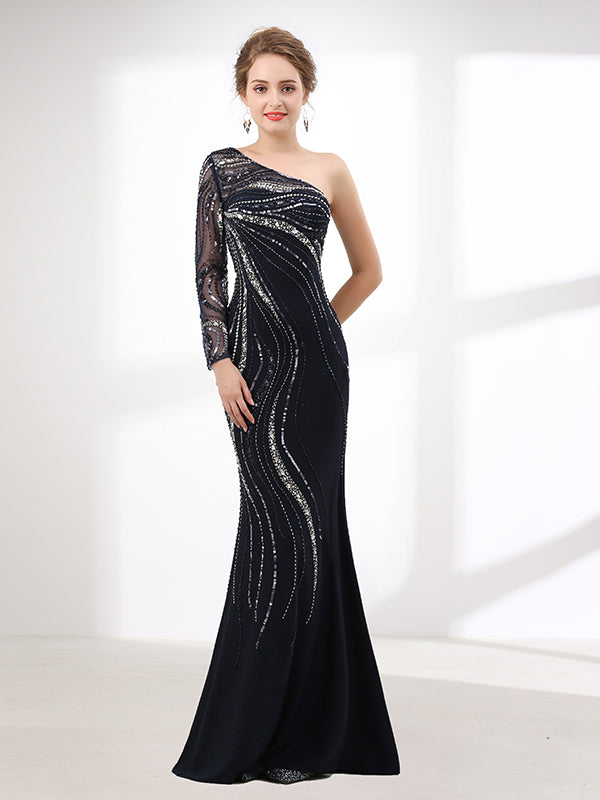Sexy Navy Slim Long Evening Dress with One Shoulder