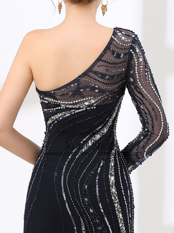 Sexy Navy Slim Long Evening Dress with One Shoulder