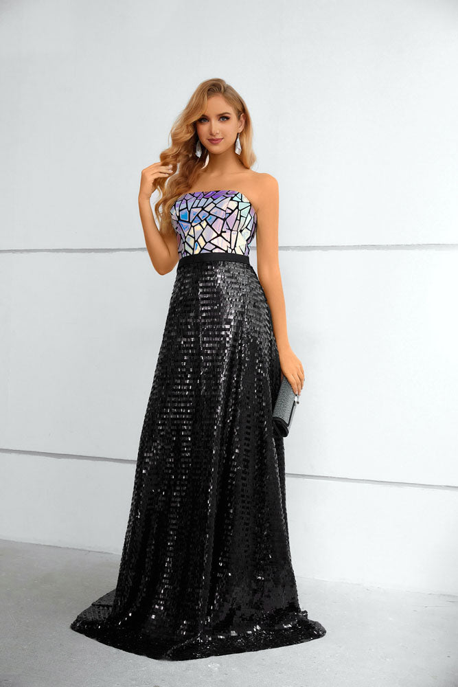 black sparkly formal dress Cinematic Sequin Mini | | Womens Removable and adjustable spaghetti straps Black sequin outer Bodycon fit Fully lined Mini length Slight stretch Mid weight material Pull on style Please note Strapless Sparkly Black Long Formal