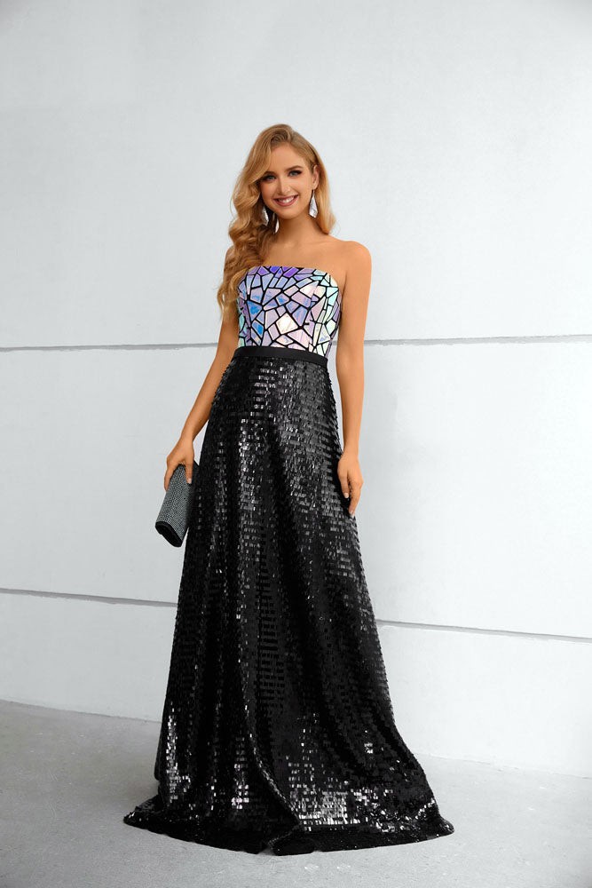 Strapless Sparkly Black Long Formal Prom Evening Dress EN5613