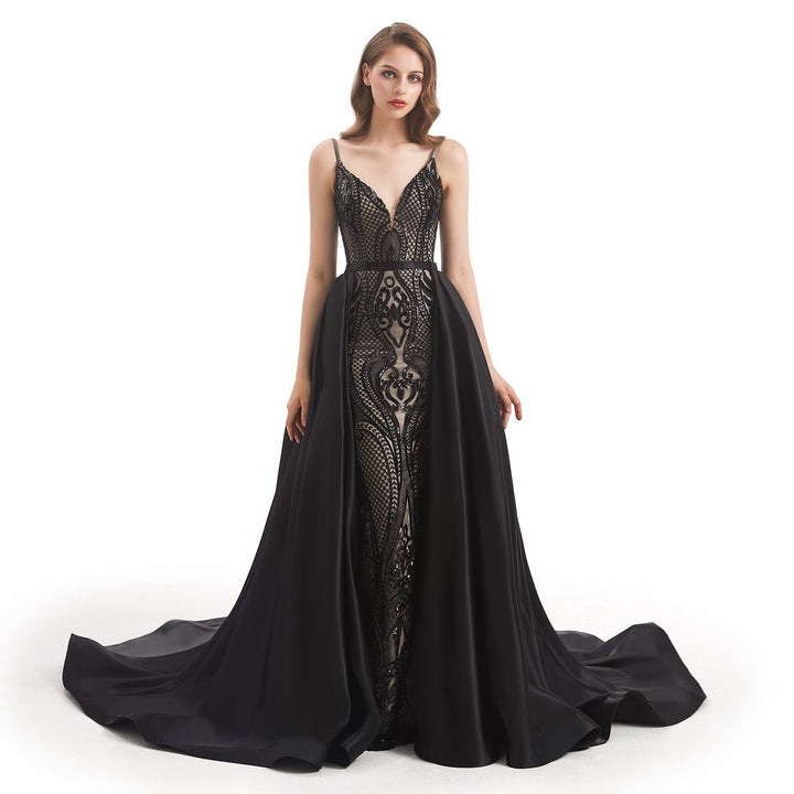 Black Fit and Flare Formal Dress with Detachable Train EN4803