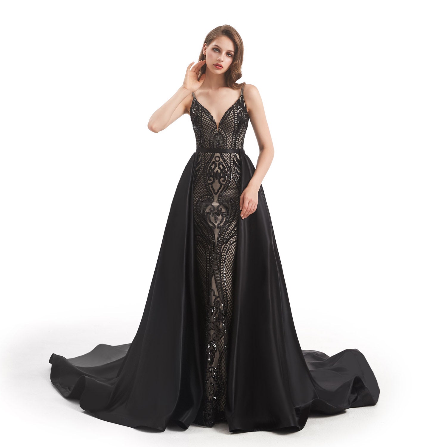 Black Fit and Flare Formal Dress with Detachable Train EN4803 Size 4 / Black Black Fit and Flare Formal Dress with Detachable Train EN4803 Size 4 / Black