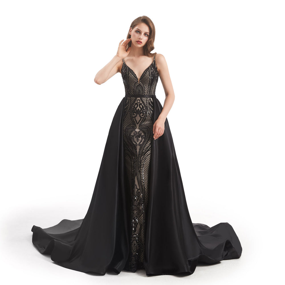 Black Fit and Flare Formal Dress with Detachable Train EN4803