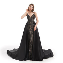 Black Fit and Flare Formal Dress with Detachable Train EN4803