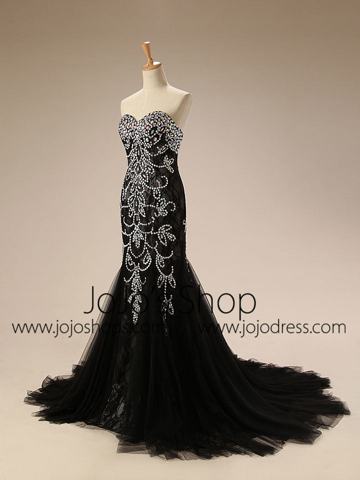 Strapless Black Jeweled Lace Formal Evening Dress EN103