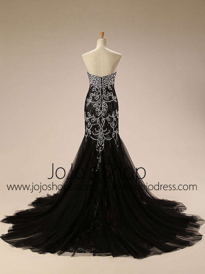 Strapless Black Jeweled Lace Formal Evening Dress EN103