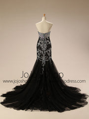 Strapless Black Jeweled Lace Formal Evening Dress EN103