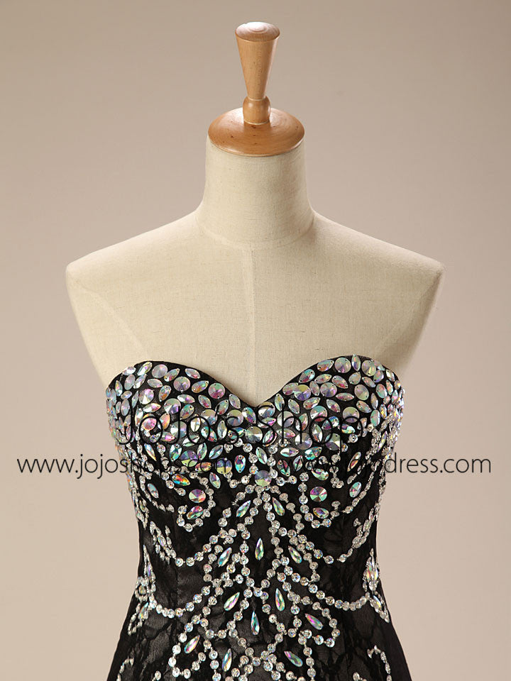 Strapless Black Jeweled Lace Formal Evening Dress EN103